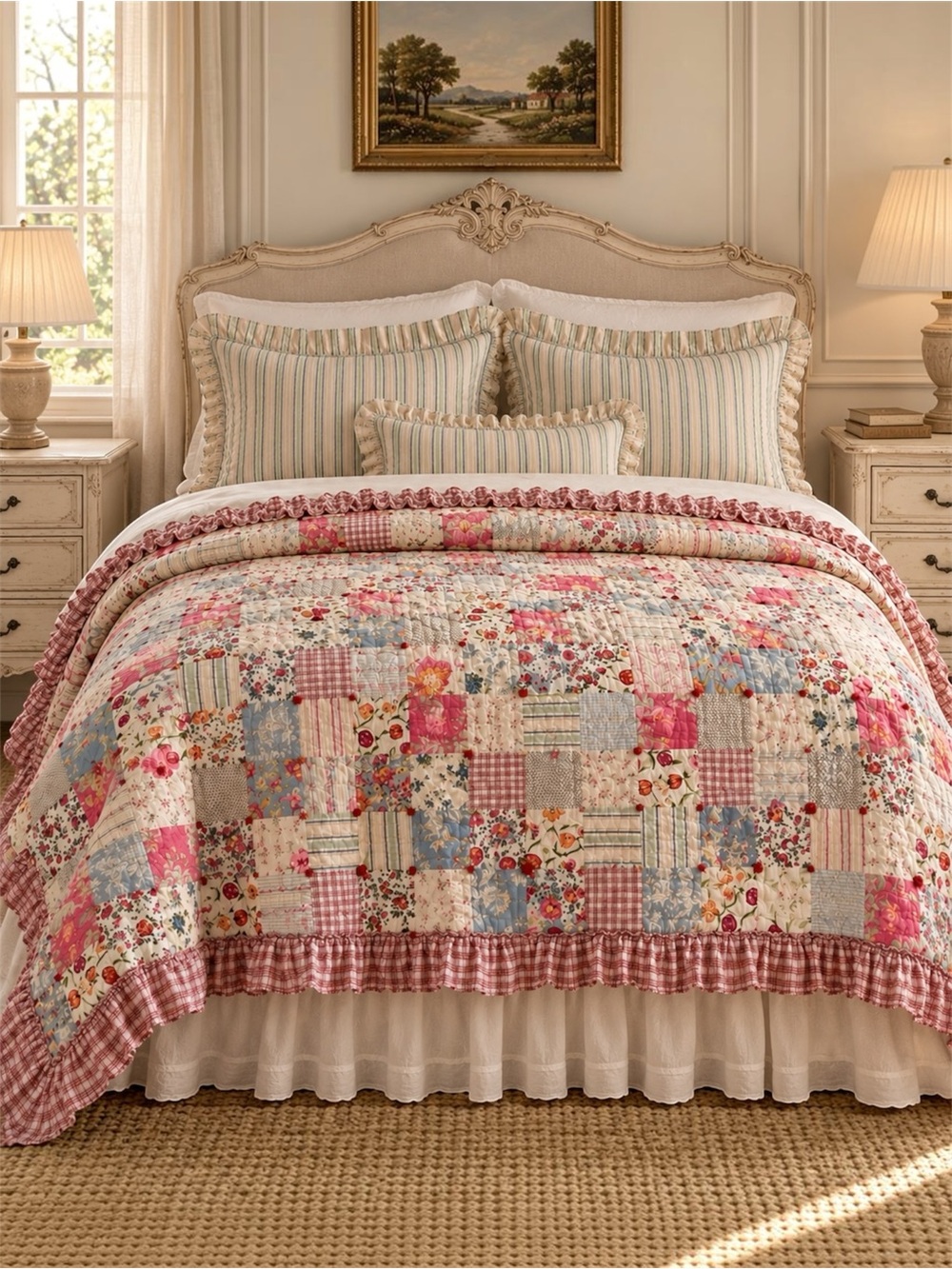 POTTERY BARN Patchwork Floral Ruffle Quilt Full/Queen Cottagecore